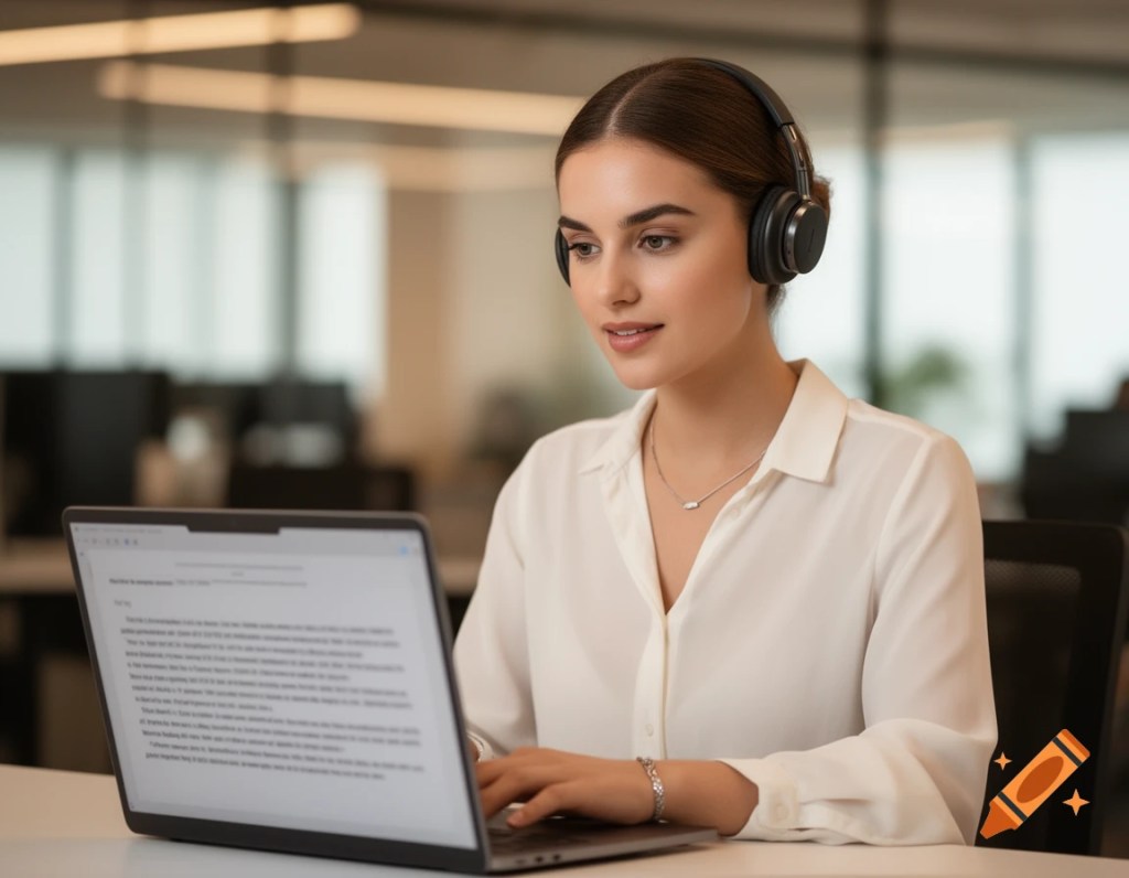 Woman wearing wireless headset speaking while working on laptop in office