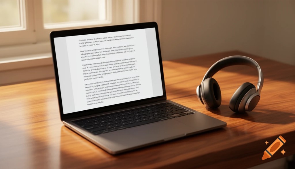 Laptop open with text document on screen and wireless headset resting beside it on wooden desk